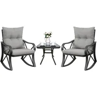 3 Piece Bistro Set Patio Rocking Chairs Outdoor Furniture w Warm Gray Cushions, Glass-Top Table for Garden, Pool, Backya 2