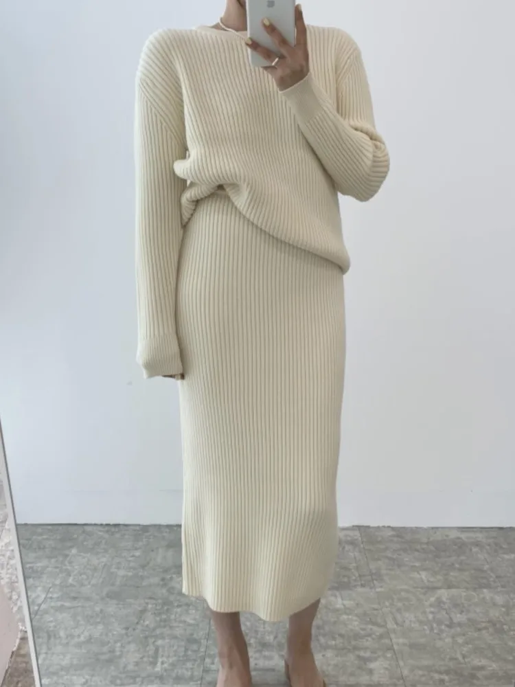 

Однотонный шикарный элегантный вязаный костюм с юбкой, Осень-зима, Женский винтажный пуловер, свитер, миди-Сайя, комплект из двух предметов, женская одежда, новинка
