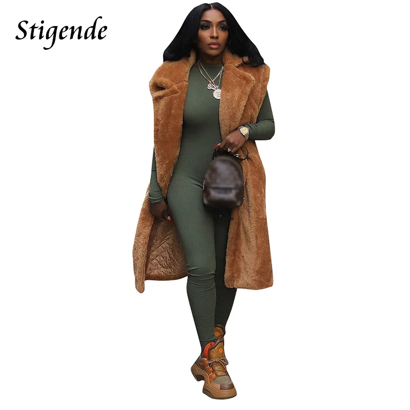 

Stigende Sleeveless Faux Fur Long Vest Women Turn Down Collar Furry Waistcoat Winter Warm Straight Loose Tank Coats