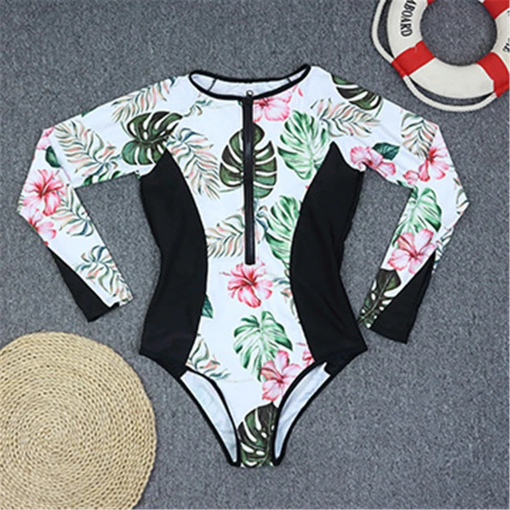 Women's Surfing Suit One-piece Swimsuit Sexy Long Sleeve Printing Rash Guard Beach Sports Wear Swimming Bathing Clothes