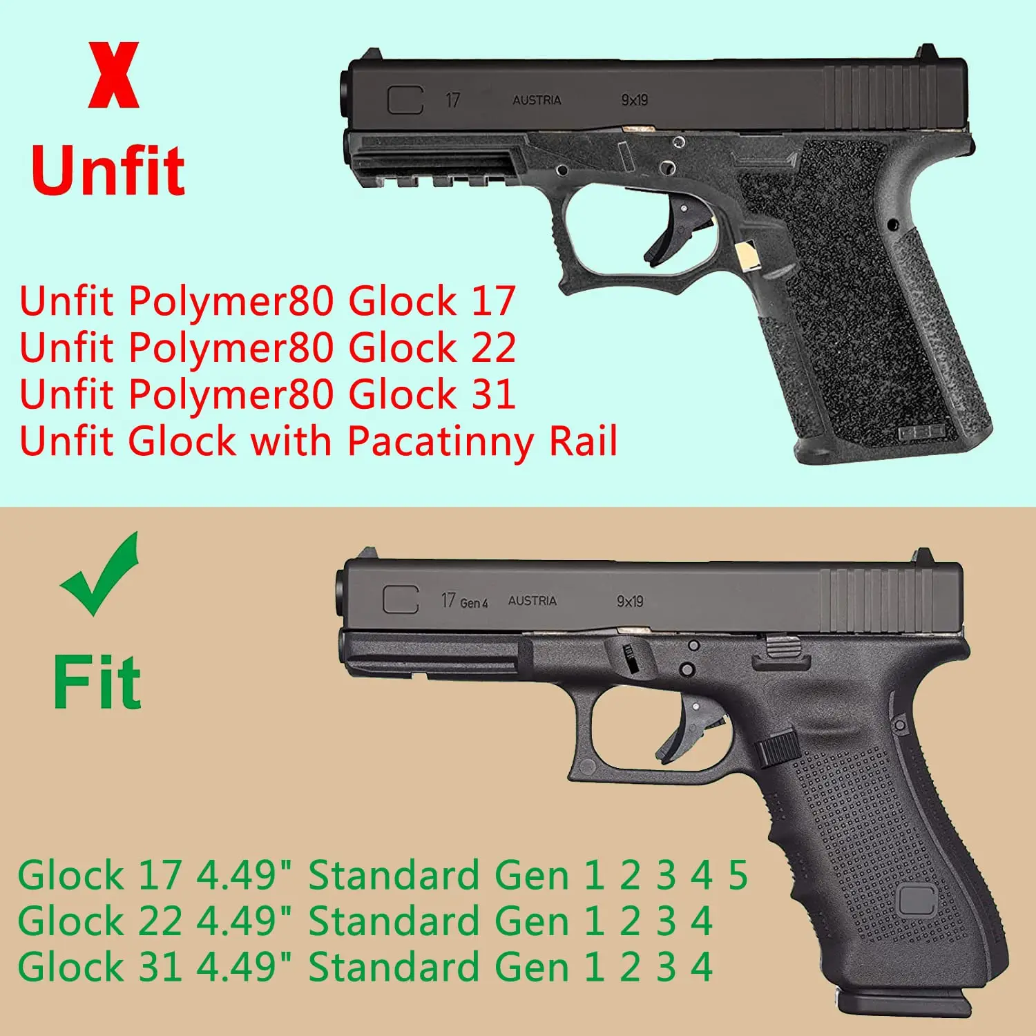 OWB Holster Paddle Polymer Fit: Glock 17 (Gen 1-5) / Glock 22 31 (Gen 1-4) Compatible with 19 19X 25 44 45 1-5)23 32