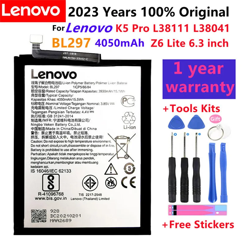 

100% оригинальный высококачественный аккумулятор BL297 4050 мАч для Lenovo K5 Pro L38111 L38041 Z6 Lite 6,3 дюйма батареи для сотового телефона + Инструменты