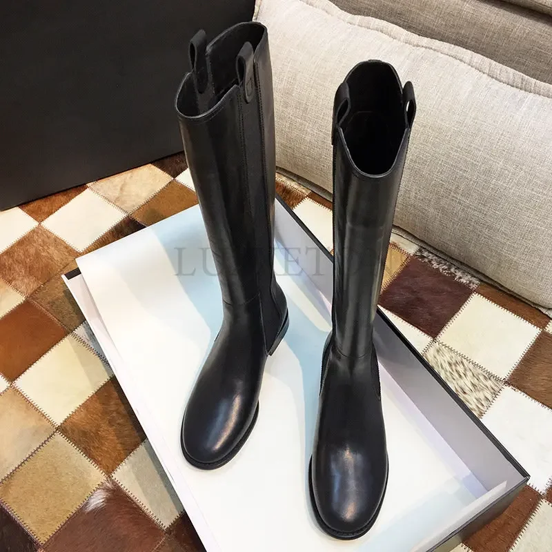 Women Knee Boots Genuine Leather Women Chelsea Boots Leather Knee High Heels Casual Socks Shoes Platform Spring Winter