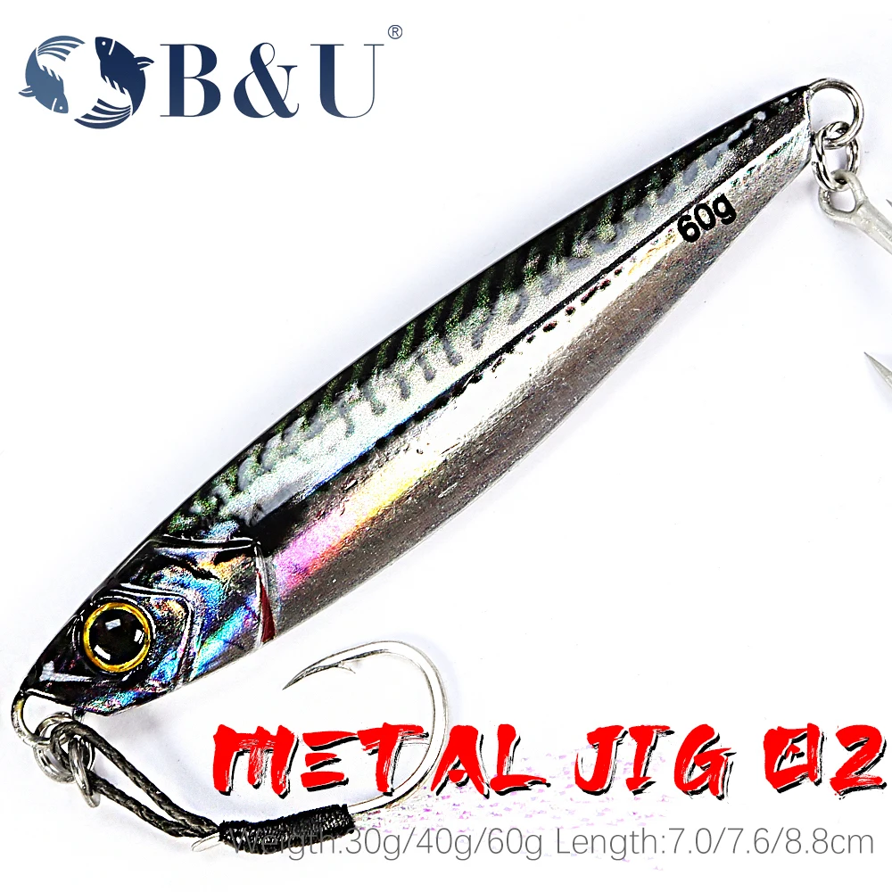 B & U Sea Fishing Slow Jig Metal Jigging Spoon 3D Print Laser Artificial Bait Boat Fishing Jig Lures Super Hard Fish Fishing Lures