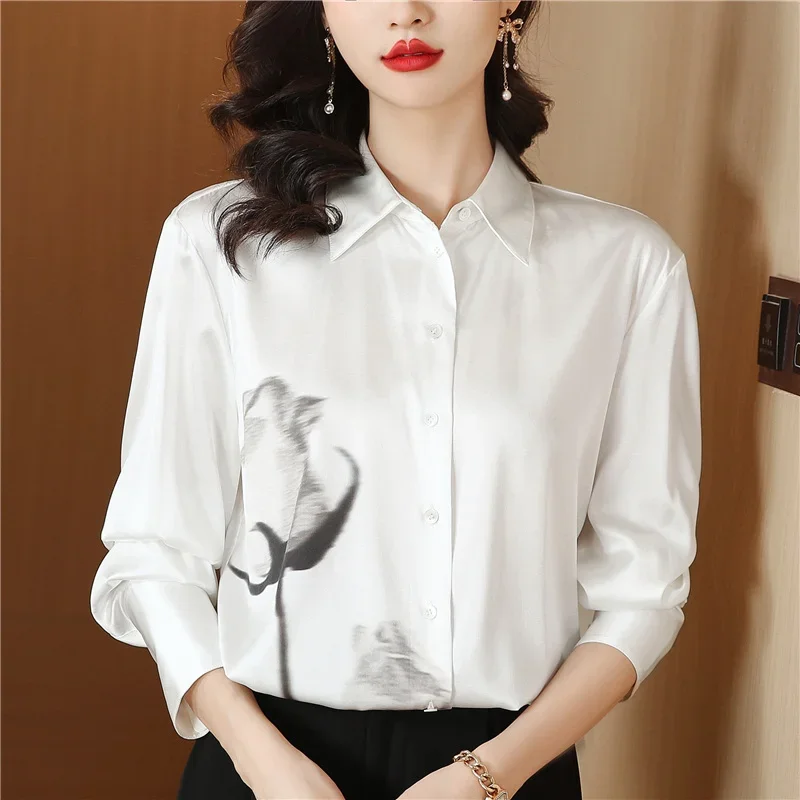 

2023 New Poplin Summer Women's Blouse Casual Fashion Simplicity Tops Flower Print Long Sleeved Lapel Collar Shirt