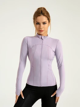 Women's Solid Zip Up Thumb Hole Sports Jacket, Long Sleeve Stand Collar Outerwear for Yoga Gym Workout, Ladies Sportswear for Al