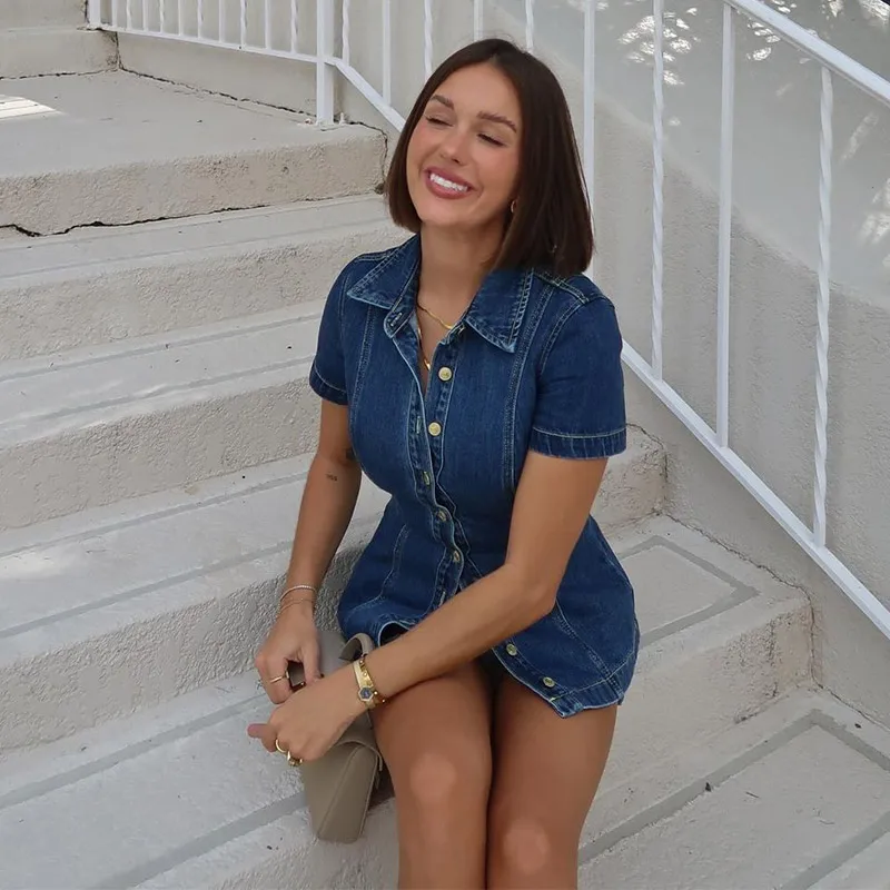 Elegant Two Pieces Skirt Set Women Denim Blue Short Sleeve Top Wrap Hip Mini Skirts Suits 2025 Spring New in Matching Outfits