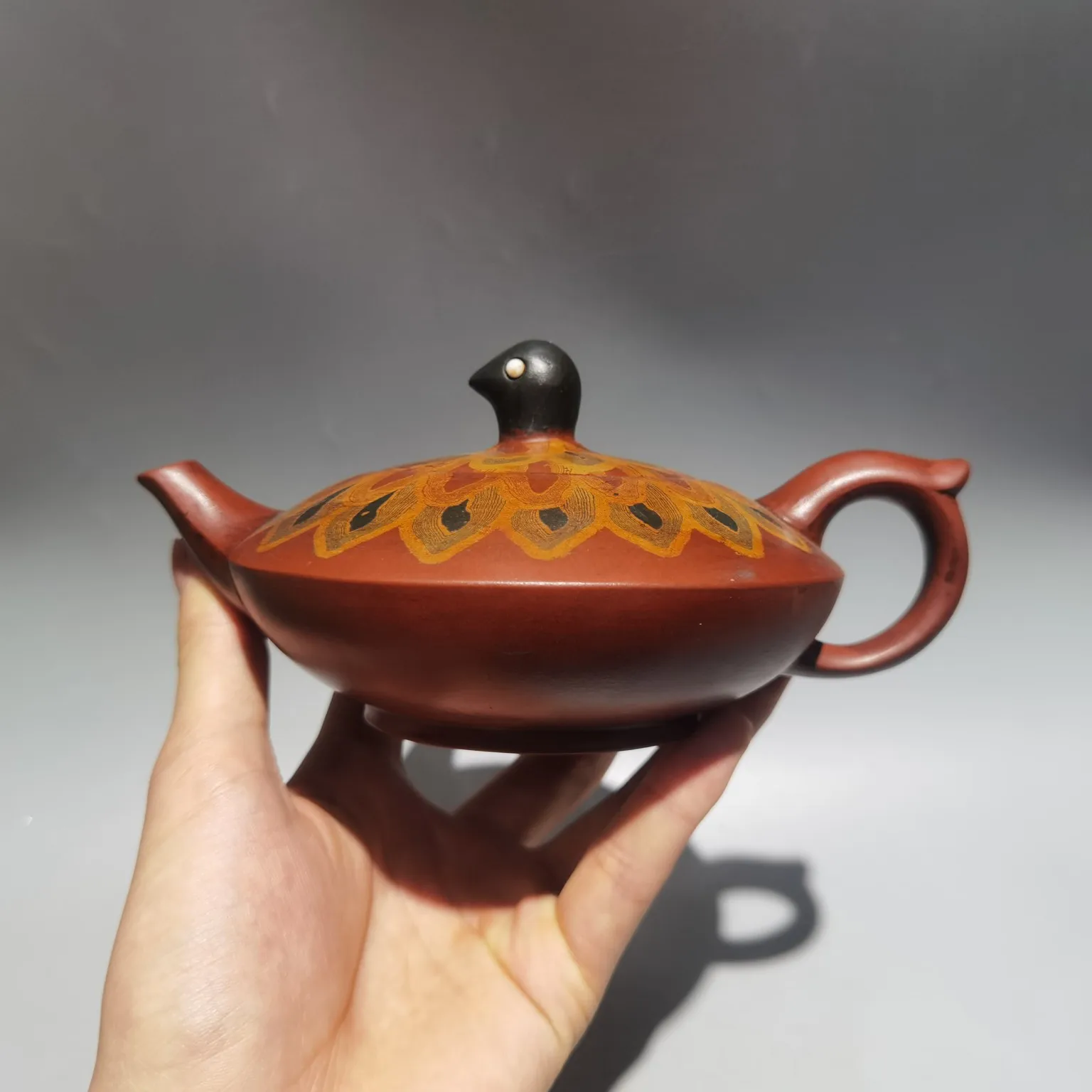 

7"Chinese Yixing Zisha Pottery Root texture peacock flaunting its tail Teapot Tripod kettle Tea ceremony red mud Ornaments