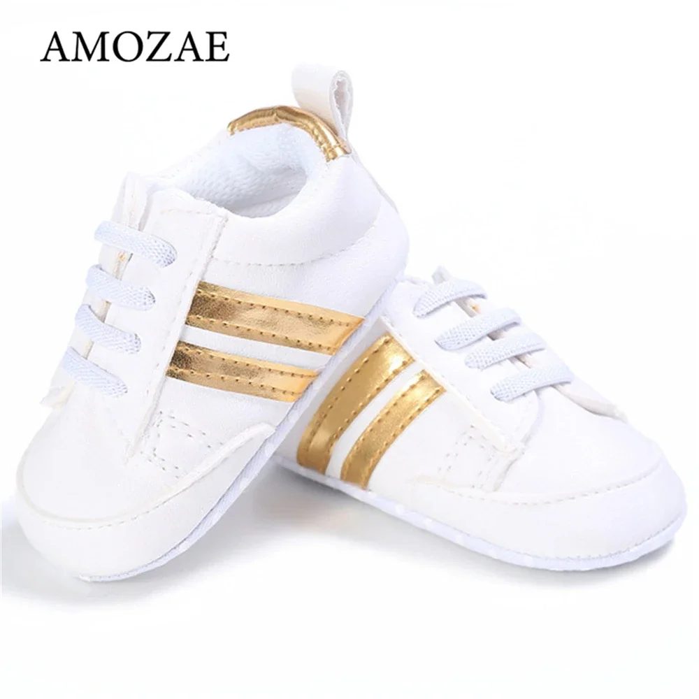 Buty dziecięce Newborn Boys Sneaker Girls Two Striped First Walkers Kids Toddlers Lace Up PU Leather Soft Soles Sneakers 0-18 Months