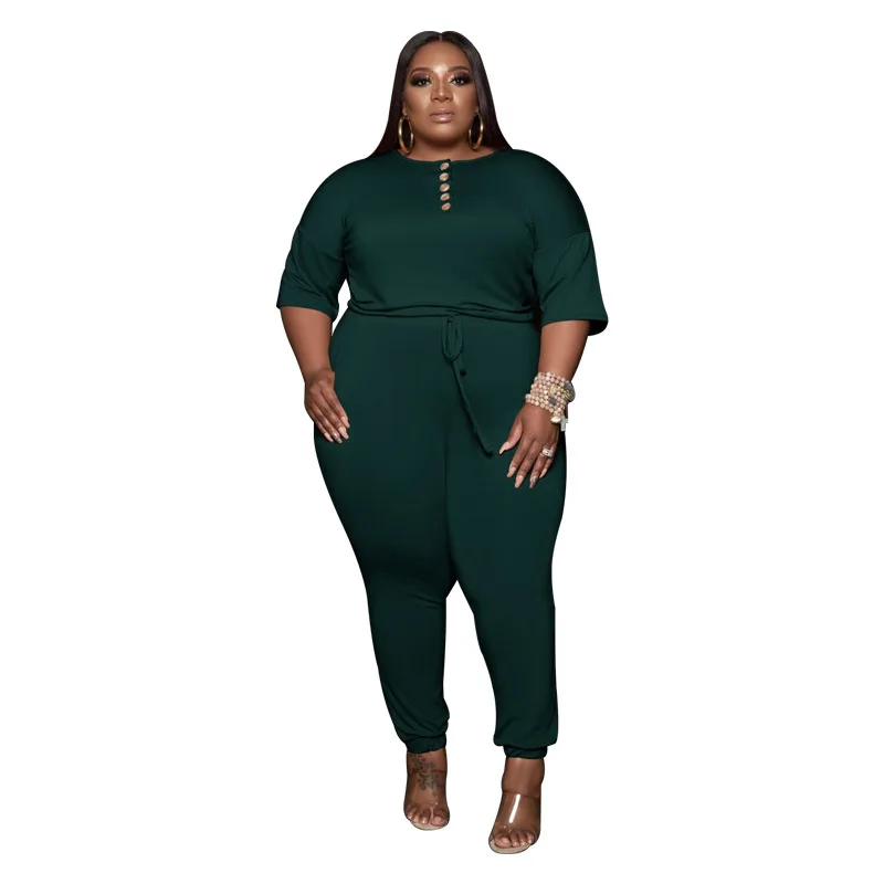 Plus Size Women Jumpsuit Summer Solid Button One Piece Outfit 2022 Sexy Fashion Pencil Pants Casual Lady Clothing Wholesale