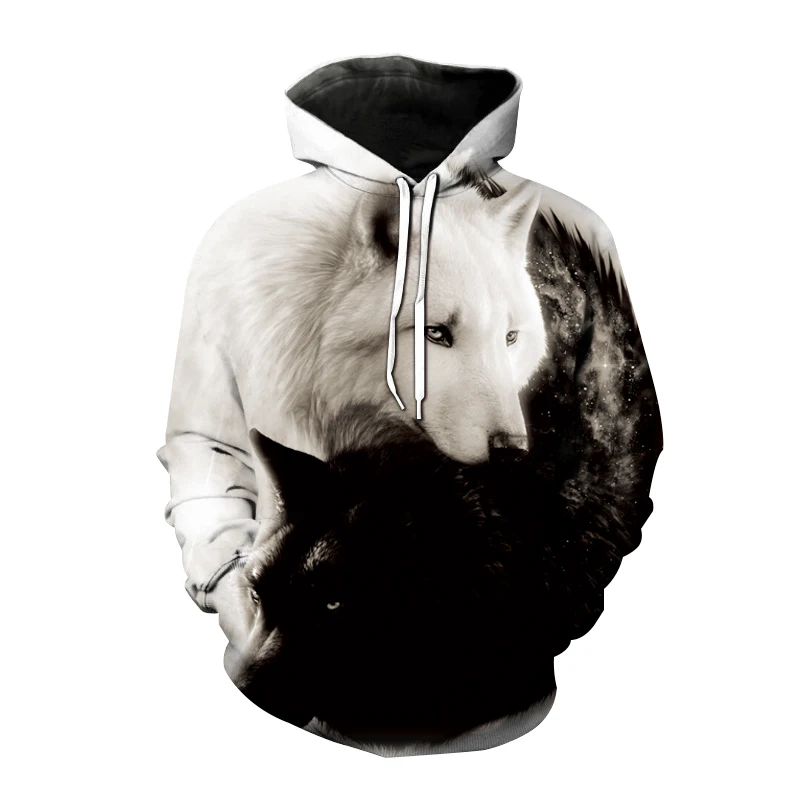 Men's Leisure Wolf Long Sleeves Cartoon Hooded Hoodie Social Casual Y2k Oversized Vintage Harajuku Fashion Factory Clothes
