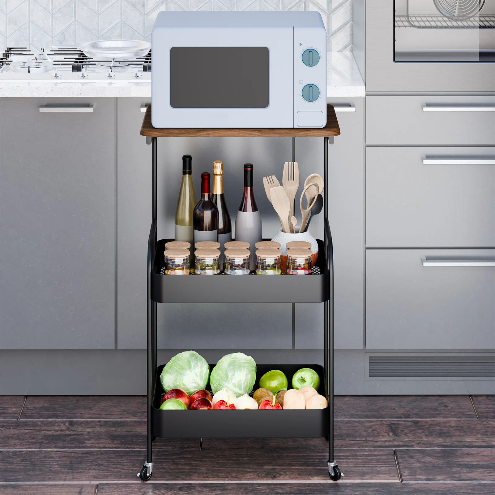 3 Tiers Trolley Rack Kitchen Bedroom Snacks Mobile Bathroom Basket Kitchen Storage Rack Vegetable Fruit Microwave Organizer