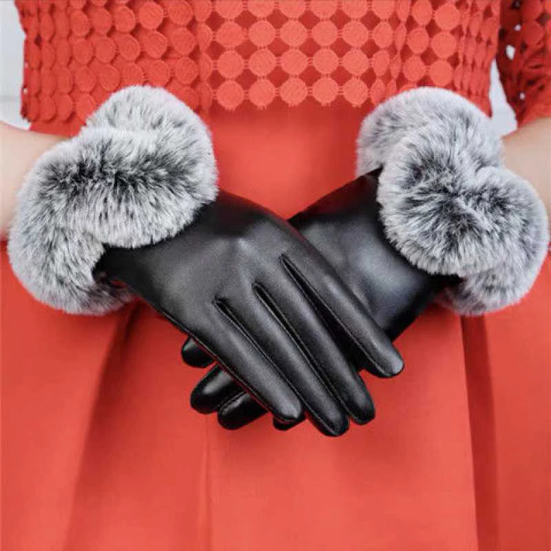 Women gloves 1 Pair Women Winter Warm Gloves PU Leather Rabbit Fur Mittens