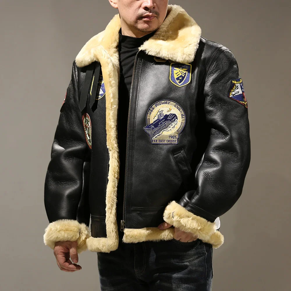 B31850 European Size High Quality Super Warm Genuine Sheep Leather Coat Mens Big B3 Shearling Bomber Military Fur Jacket