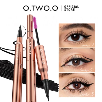 O.TWO.O 리퀴드 아이라이너 펜슬, 방수 2 in 1 마스카라, 초박형 더블 엔드 퀵 드라이, 스무스 블랙 아이 라이너 펜 화장품
