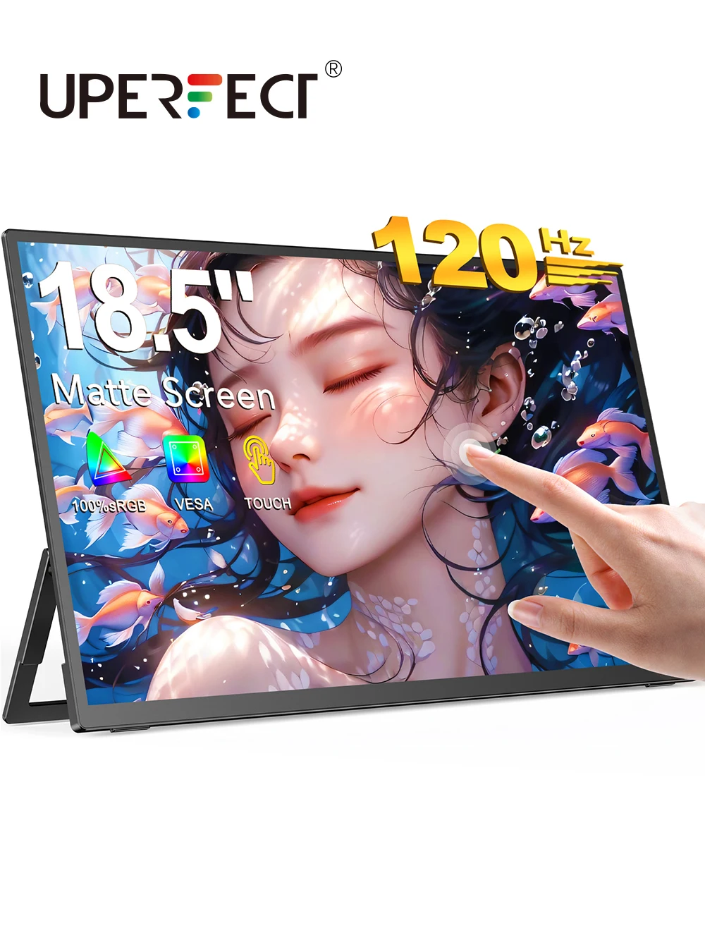UPERFECT 18.5 인치 120Hz 터치스크린 휴대용 모니터 1080P 울트라 슬림 100%sRGB IPS 노트북 VESA 조정 가능한 스탠드가 있는 두 번째 화면 게임 디스플레이 