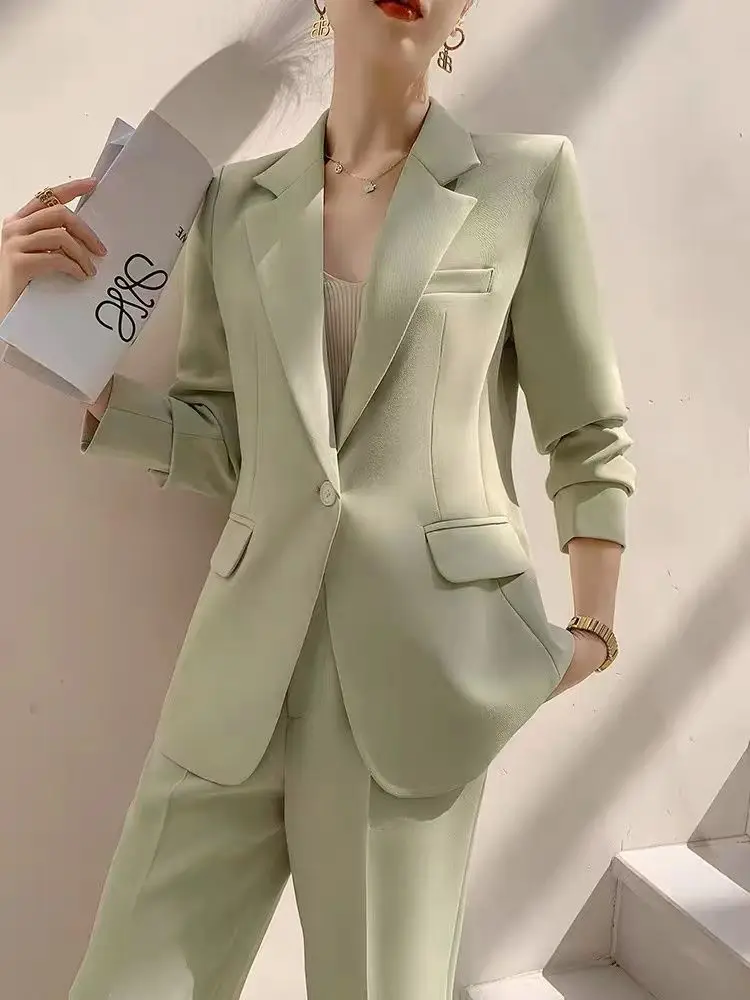 Jinsen Aite Women Suits Office Sets Long Sleeve Casual Temperament Blazer Women Vintage Slim Solid Pants 2 Piece Sets