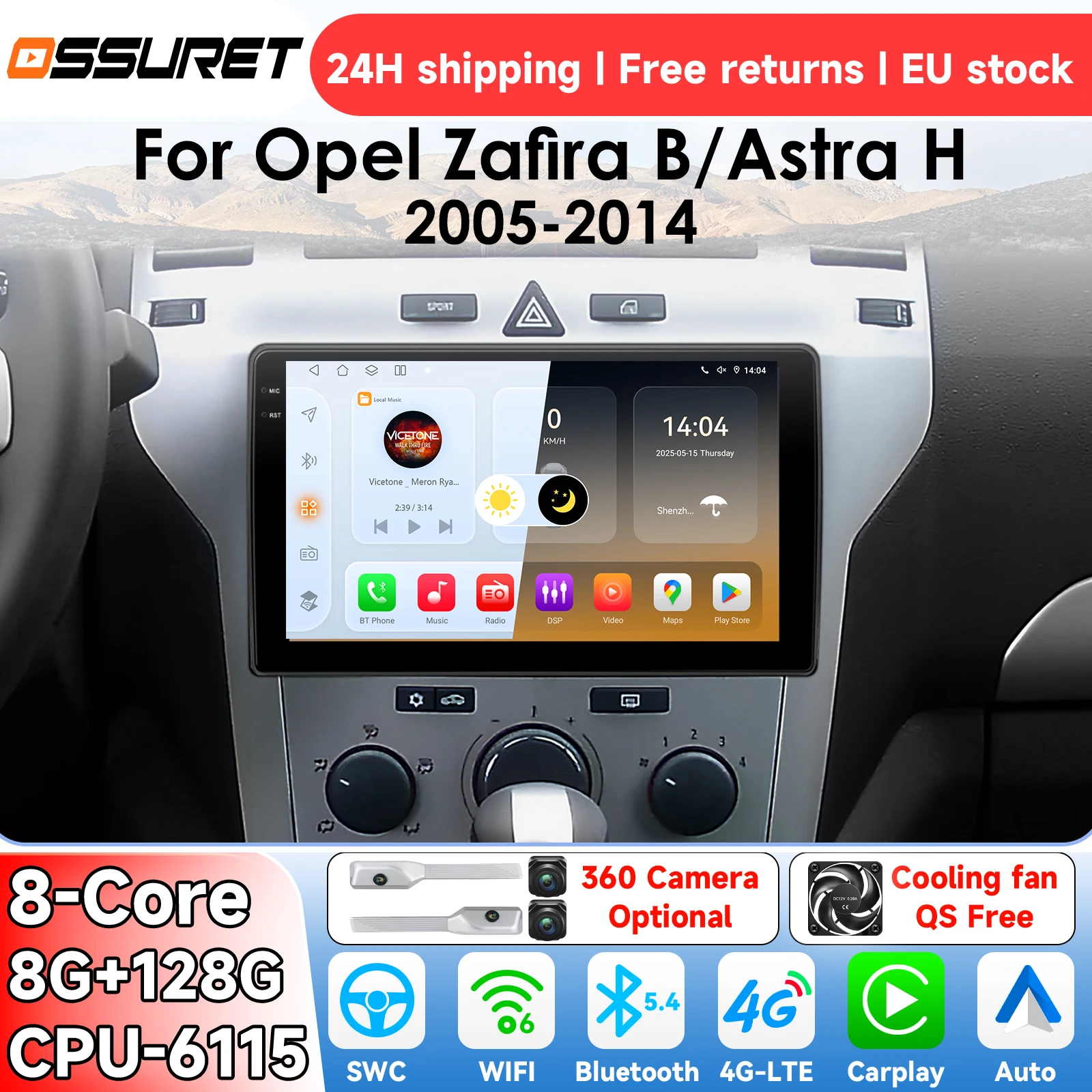 Radio OSSURET Android 14 para Opel Zafira B, Opel Astra H 2005-2014, sistema inteligente Carplay, reproductor multimedia de vídeo para coche, GPS 4G 6115 1