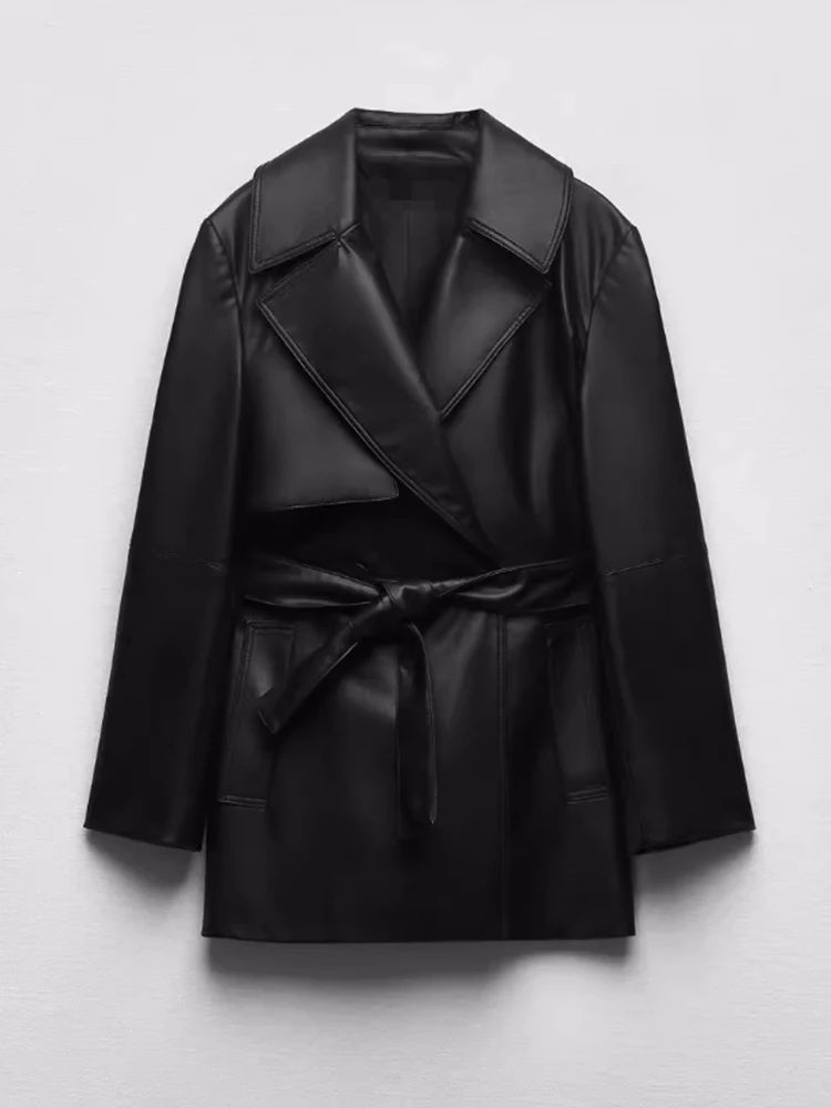 

Fitaylor New Spring Autumn Women High Street Double Breasted Pu Trench Coat Lady Elegant Vintage Lace-up Faux Leather Jacket