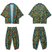 

2PCS Men Print Mushroom Robe Sets Summer Rayon Pajamas Suit Cardigan Kimono Lagre Size Sleepwear Pant Casual Home Clothes