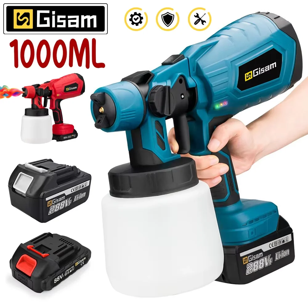 GISAM Electric Cordless Spray Gun, 1000ML HVLP paint sprayer, airbrush tool for furniture coating, compatible with Makita 18V battery pins
