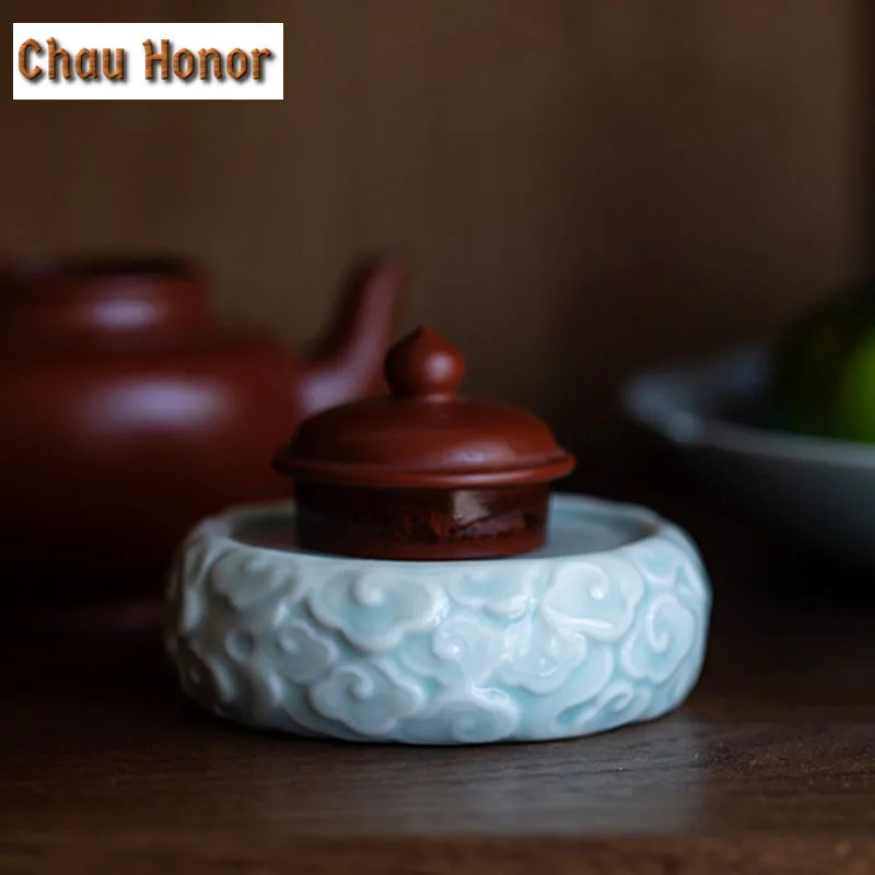 Hutian Kiln Shadow Green Glaze Manual Relief Cover Carving Coaster Cup Holder Tea Holder Tea Ceremony Accessories Cover Holder