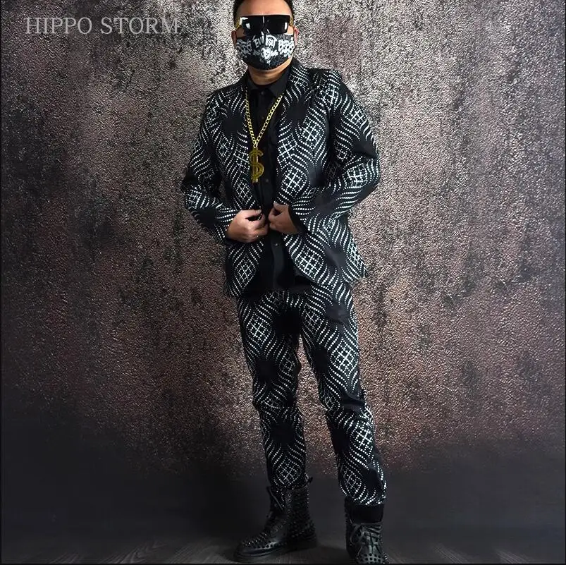 

Spring New Men's Black And White Polka Dot Print Suit Coat Nightclub Male Singer Hairdresser Trend Slim Blazers Jackets Dress