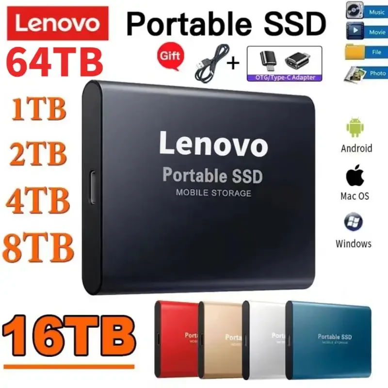 레노버 휴대용 고속 SSD 모바일 솔리드 스테이트 디스크, USB 3.1 모바일 하드 드라이브, 노트북 노트북용 외장 저장 장치, 64TB