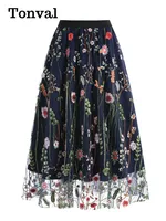 Tonval Floral Embroidered Mesh Overlay Lined Long Skirt Elastic Waist Women Elegant Festival Outfit Summer Vintage Skirts - Image 4