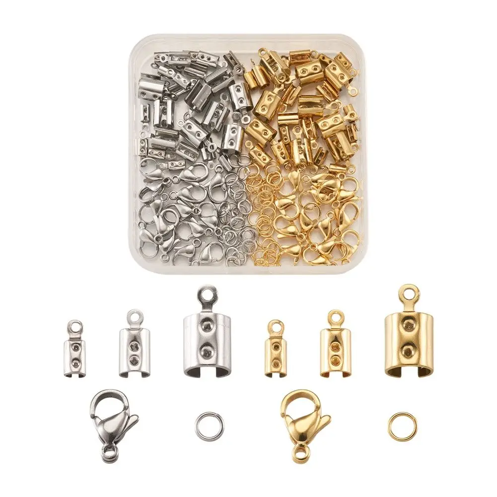 150pcs/Box 304 Stainless Steel Folding Crimp Ends with Lobster Claw Clasps For DIY Bracelet Jewelry End Connector Accessories