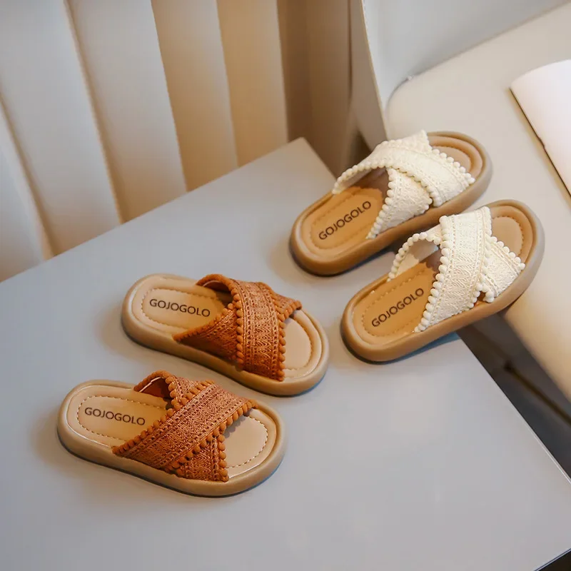 Girls Summer Slippers Princess Sweet Kids Slides Beach Shoes Bohemia Woven Children's Outdoor Slippers Anti-slippery 23-37 Soft