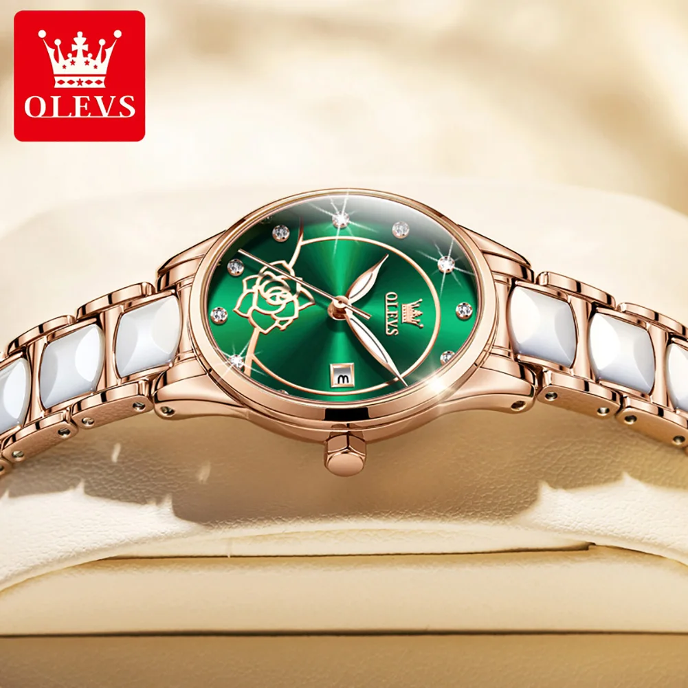 OLEVS Women Quartz Watch Fashion Camellia Design Elegant Ceramics Strap Original Imported Movement Ladies Waterproof Wristwatch