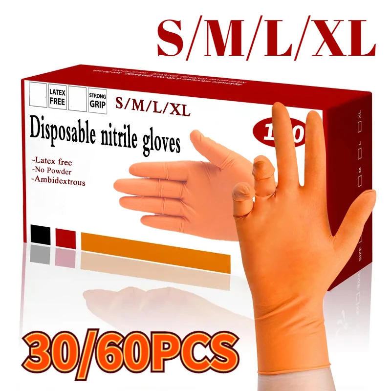 30/60PCS Orange Nitrile Gloves Disposable Waterproof Durable Household Gloves Used for Cleaning Tattoos Nail Art Pets Bathing