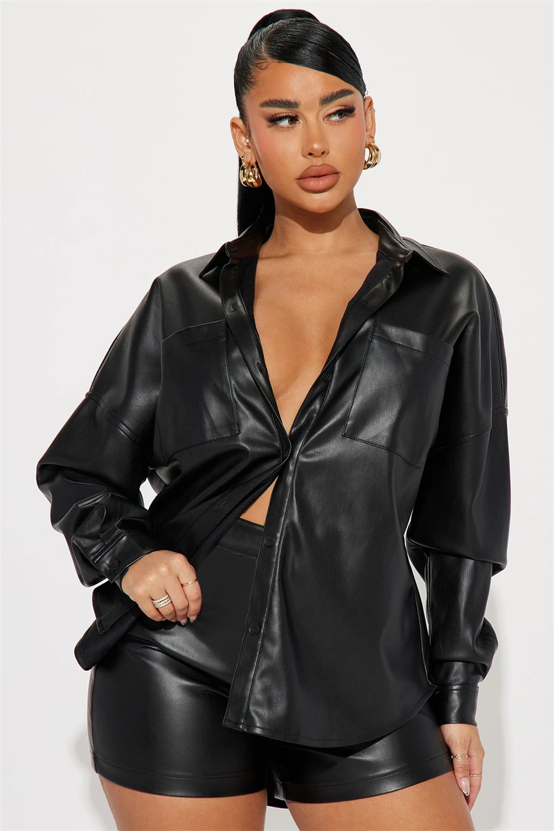 

Streetwear PU Leather Shorts Sets Women Two 2 Piece Set Outfits Autumn Clothes Jacket Top and Shorts Suit Faux Leather Woman Set