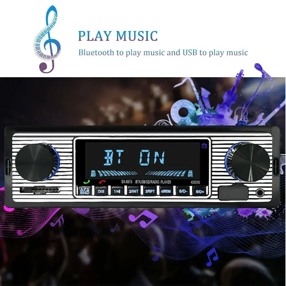 1 Din Car Radio MP3 Player Vintage Dual Knob Digital Bluetooth Audio Radio Multimedia Music USB SD Stereo Dash AUX Input
