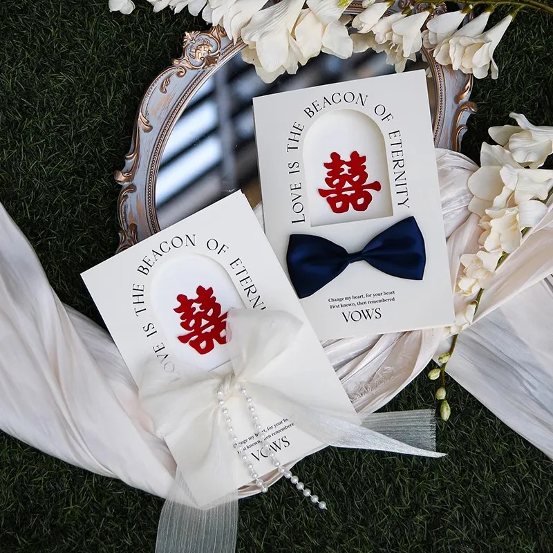 2pcs Vow Books Wedding Concave and Convex Design Cards for Party Decoration Invite Gift His And Her Vows Card with Ribbon