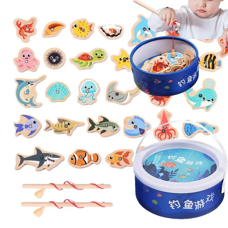 

Wooden Fishing Magnetic Game Parent Child Interactive Early Education Fishing Basket Fishes Toy Accessories For Outdoor Activity