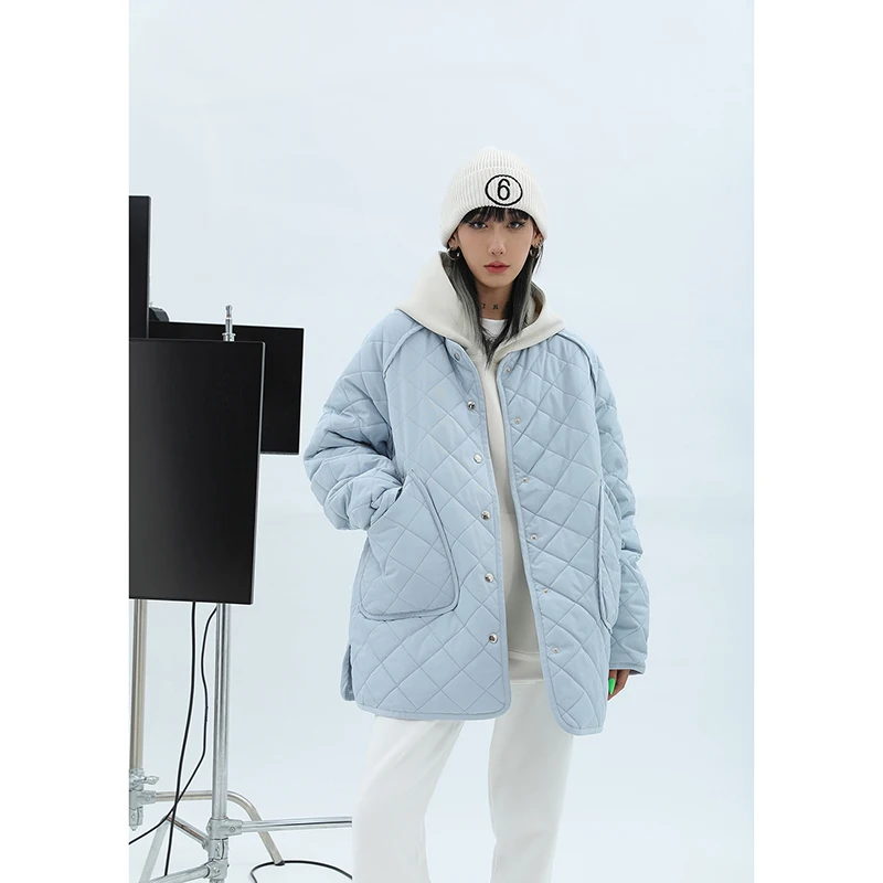 Parka Coat blue    miteigi Women's Winter Korean Loose Warm Casual single breasted mandarin collar large big pockets snap button closure Parkas Thick Female quilted Coats For Woman in light sky-blue Outerwear womens Jackets clothing