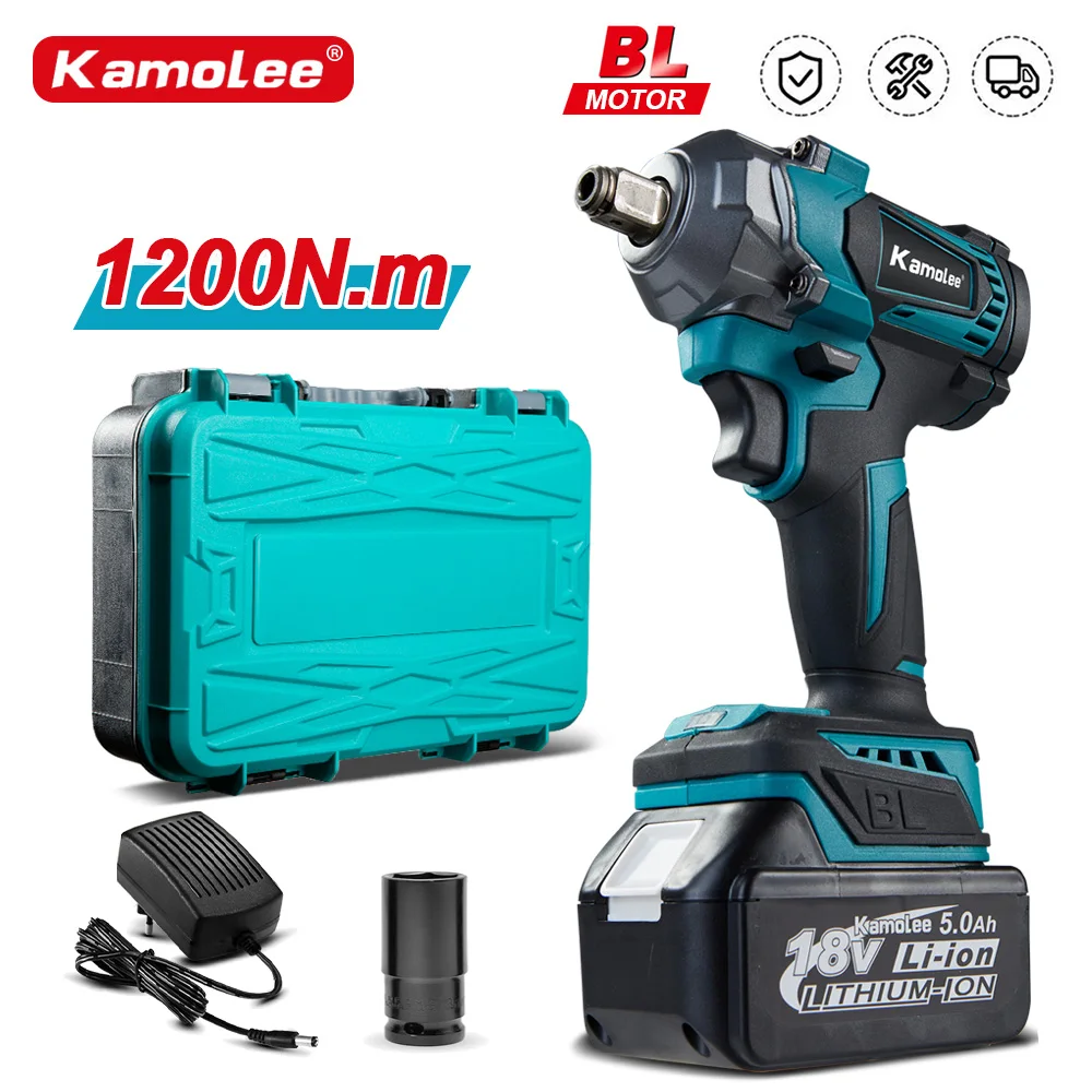 Kamolee 1200N.M Torque Brushless Electric Impact Wrench 1/2 1/4 In Lithium-Ion Battery For Makita 18V Battery