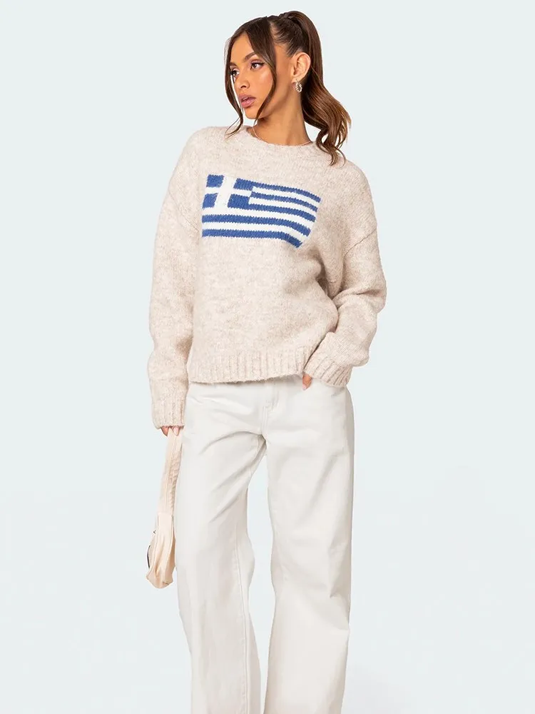 2024 Harajuku Hip Hop Knitted Men's Women's Sweater Fashio FLAG GIRL Pattern Printing Loose Tops Casual Streetwear Pullover 4
