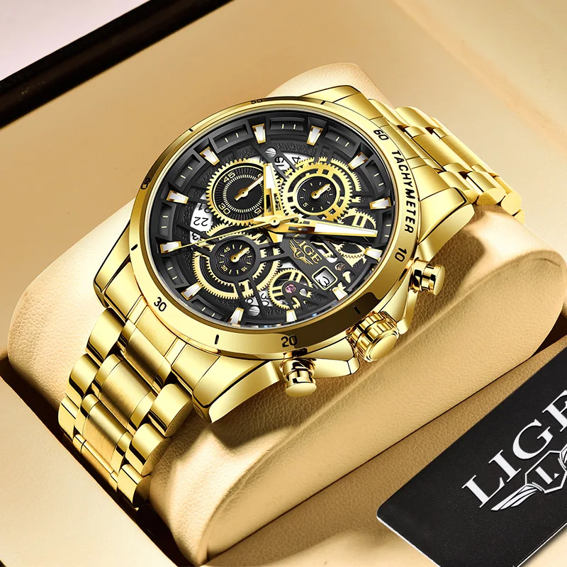 

LIGE New Fashion Mens Watches Gold Stainless Steel Top Brand Luxury Sports Waterproof Watches Quartz Watch Men Relogio Masculino