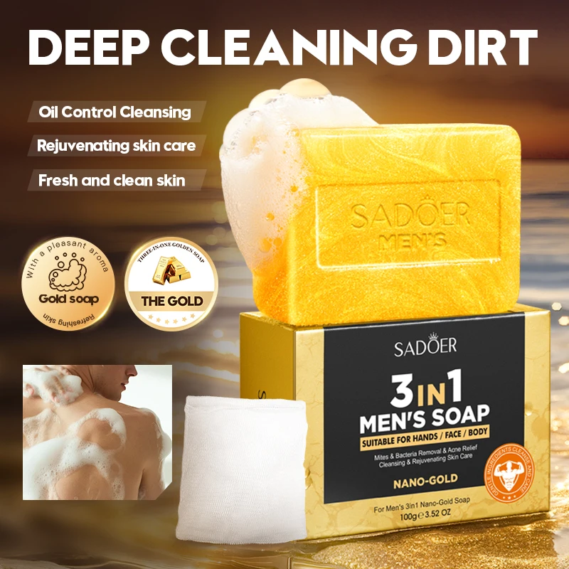 SADOER 24K Golden Men's Facial Soap Face Wash Foam Facial Cleanser Anti-aging Moisturizing Men Body Bathing Handmade Soap