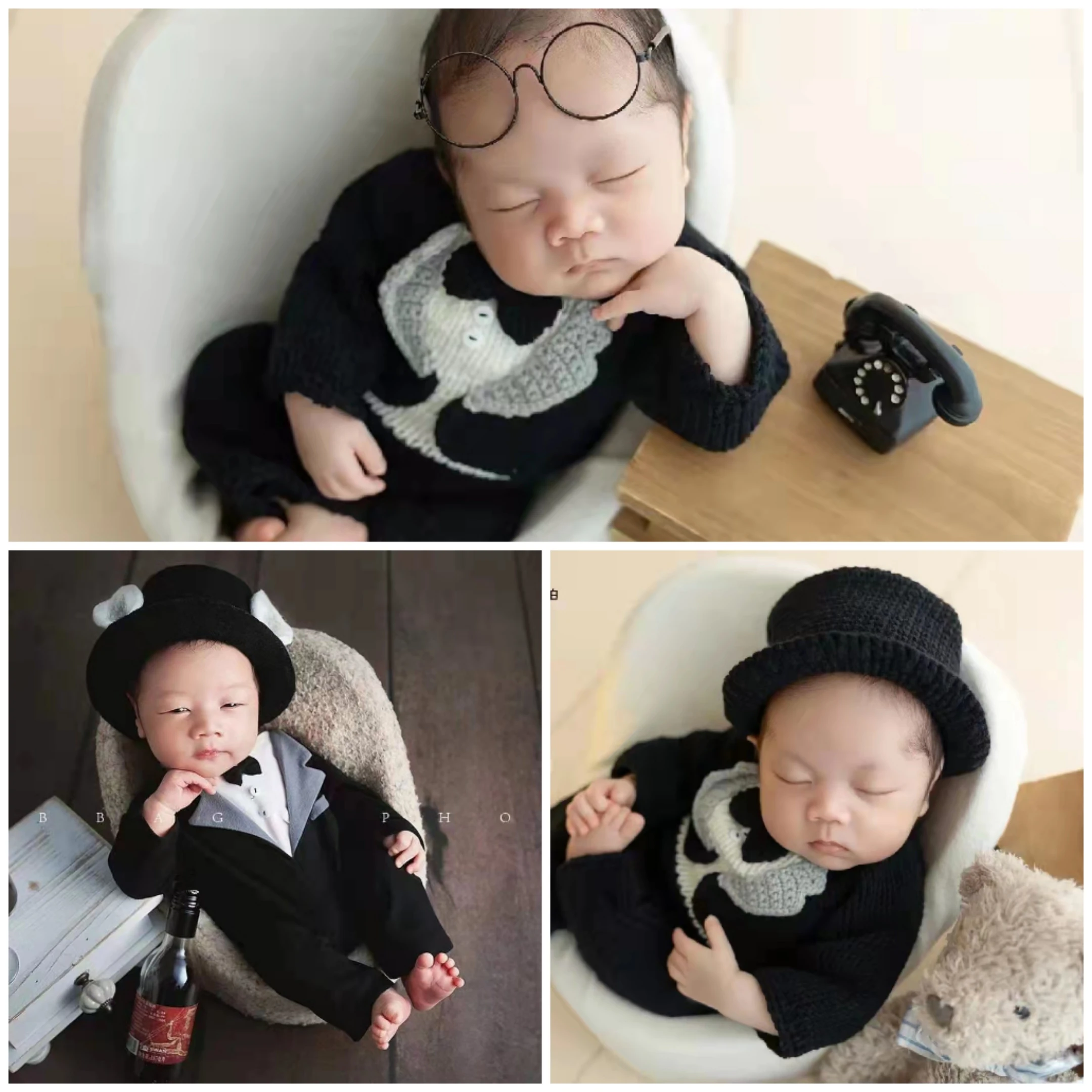 

Gentleman British style dress hat set newborn baby jumpsuit sleeping bag photography prop 신생아촬영