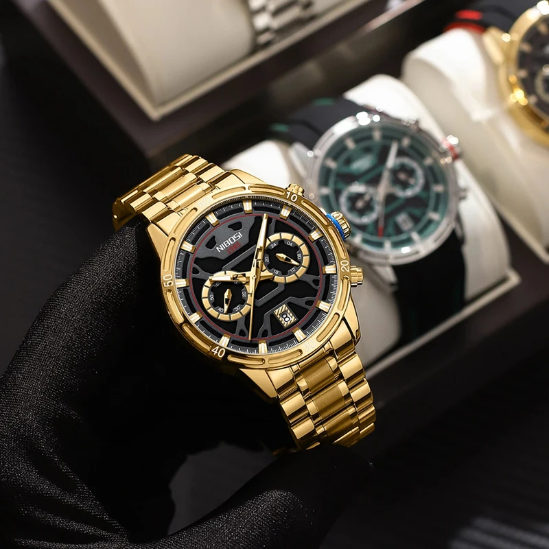 NIBOSI Brand Luxury Gold Watch for Men Sport Stainless Steel Waterproof Luminous Chronograph Quartz Watch Mens Relogio Masculino