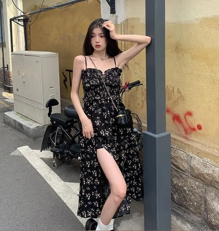 

Vintage Printed Spaghetti Straps Dress Women Elegant Holiday Long Dress Summer Korean Off Shoulder Maxi Dresses Vestidos