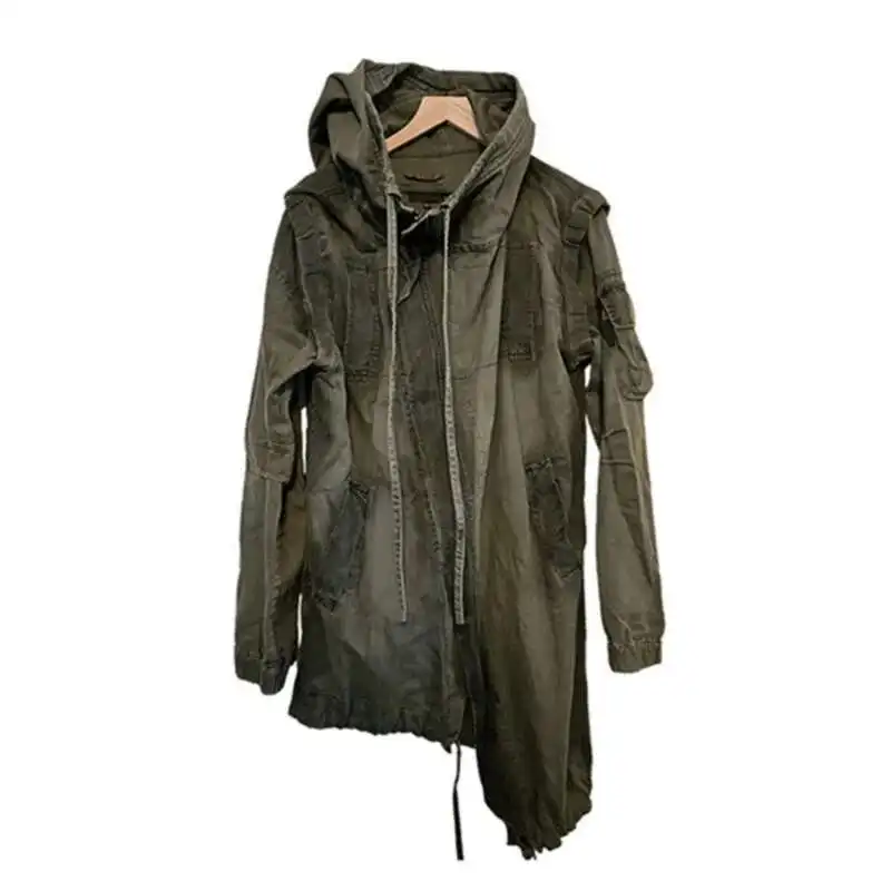 HKSH Spring New Men Tide Waste Land Punk Asymmetric Deconstruction Silhouette Trench Hooded Dyeing Vintage Cotton Jackets HK4207