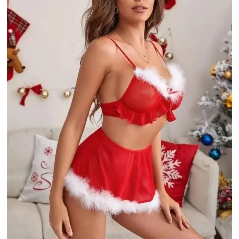 Christmas Erotic Costumes Sexy Women Lingerie Bra Skirt Thong Suit Plus Size Underwear High Waist Sleepwear Intimate Outfit women lingerie