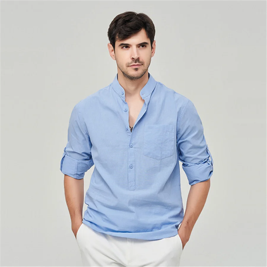 

100% Cotton Men Long Sleeve Shirts Casual Henley Shirt Stand Collar Formal Office Business Men's Clothes Blue Beach Tops