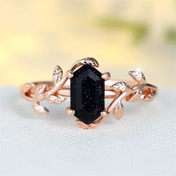 Geometric Stone Blue Crystal Leaf Rings For Women Vintage Rose Gold Color Engagement Bands Wedding Jewelry Bridal Versatile Gift
