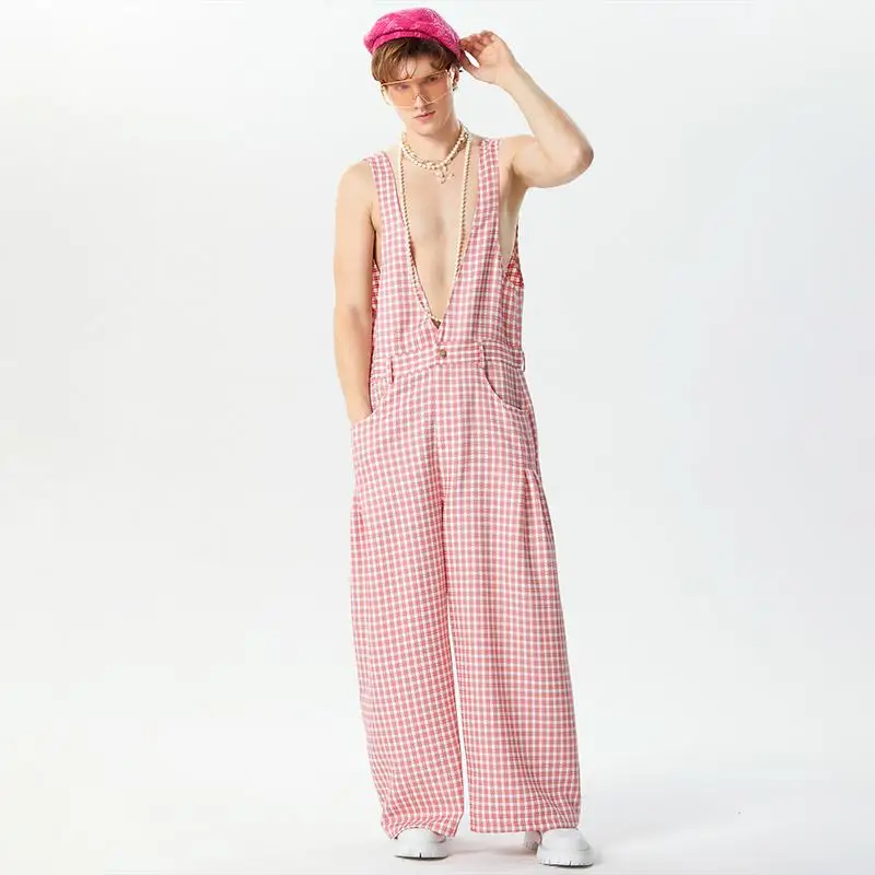 Description Picture 5 of item2024 Men Jumpsuits Plaid Oversize Deep V Neck Sleeveless Streetwear Rompers Pockets Loose Casual Wide Leg Pants Overalls INCERUN
